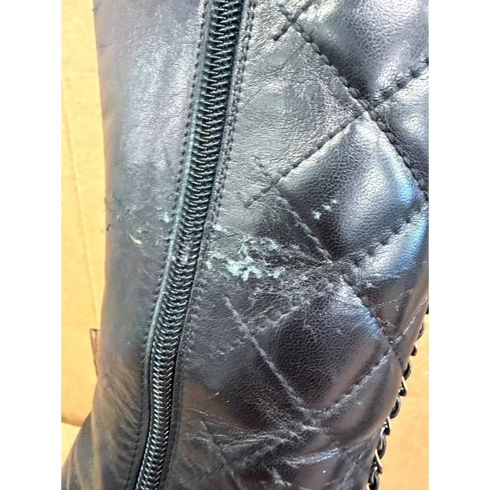 Chanel Quilted Leather Chain Pointed Toe Knee-high Boots Black Womens Size 36 EU